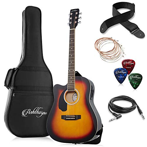 Ashthorpe Full-Size Left-Handed Dreadnought Cutaway Acoustic-Electric Guitar Bundle - Premium Tonewoods - Sunburst
