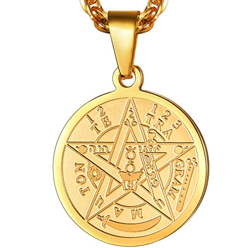 PROSTEEL Tetragrammaton Pentacle Necklace Eliphas Levi's Pentagram Protection Charm Amulet Wiccan Magical,Gold Star Pendant Hiphop Chain,the ancient power name of God