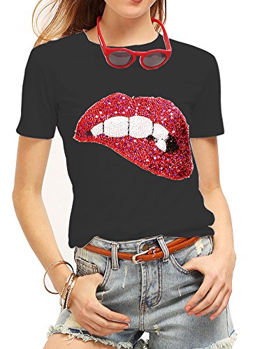 Women's Sequined Sparkely Glittery Lip Print T Shirt Cute Embroidery Teen Girls Tops (L,Black)