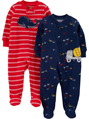 Simple Joys by Carter's Baby Boys' 2-Way Zip Cotton Footed Sleep and Play, Pack of 2, Navy Trucks/Red Whale, 3-6 Months