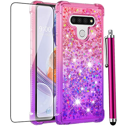 CAIYUNL for LG Stylo 6 Case with Tempered Glass Screen Protector,Glitter Bling Floating Liquid Sparkle Quicksand Women Girls Clear TPU Shockproof Cute Cover for LG Stylo 6/ LG K71 Stylus -Pink/Purple