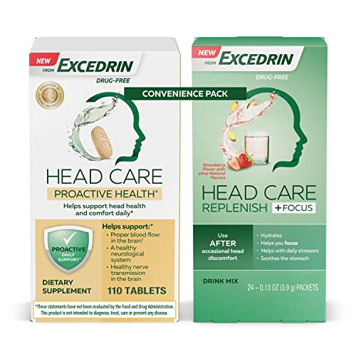 Excedrin Head Care Proactive Health Dietary Supplement - 110 Count and Head Care Replenish Plus Focus Drink Mix from 24 Packets Convenience Pack