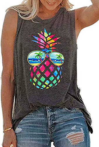 rosemia Tank Tops for Women Summer Graphic Pineapple Tshirts Sleeveless Casual Ladies Tunic Blouse(Pineapple Dark Grey,L)