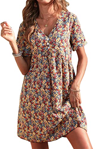PRETTYGARDEN Summer Dress for Women 2023 Short Sleeve V Neck Ruffle Floral Swing A-Line Short Dresses(Orange,Large)