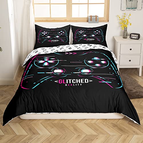 Gamepad Bedding Set for Boys Queen Modern Gamer Comforter Cover Video Game Duvet Cover Kids Colorful Action Buttons Printed Quilt Cover Soft Microfiber Bedspread for Boys Girls Bedroom,Black