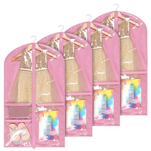 Univivi Dance Costume Bags Garment Bag 40 Inch Hanging Clothes for Dance Competitions, with 3 Medium Clear Zipper Pockets for Dance Costumes, Closet Storage (Pink) - 4 Pack