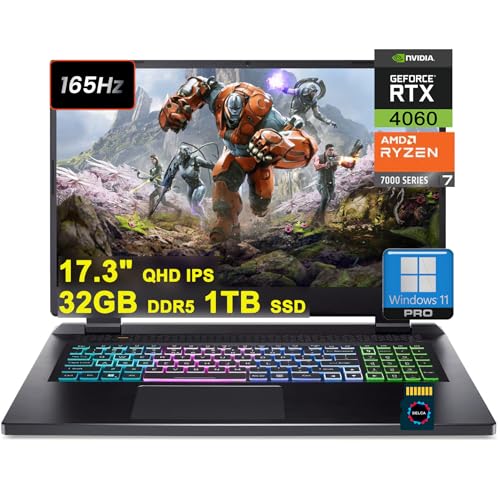 acer Nitro 17 Gaming Laptop | 17.3' QHD IPS 165Hz | AMD 8-core Ryzen 7 7840HS (i7-11800H) | 32GB DDR5 1TB SSD | GeForce RTX 4060 8GB Graphic | RGB Backlit USB-C Win11Pro Black + 32GB MicroSD Card