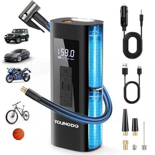 YOUNGDO Tire Inflator Portable Air Compressor 150 PSI & 6000mAh Air Pump Tire Inflator with Pressure Gauge Quick Inflation for Car,Motorcycle,Bike,Balls, Rechargeable Via USB-C as Torch and Power Bank