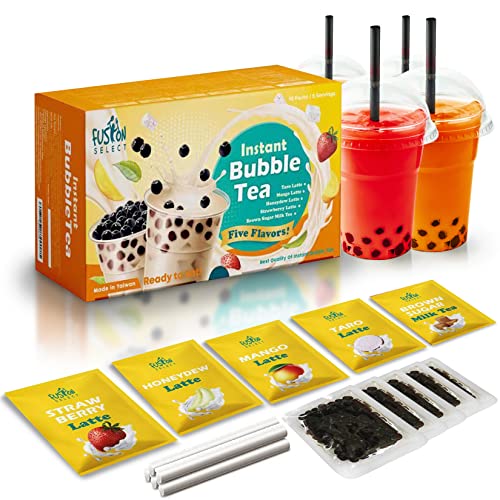 Fusion Select 5 Packs Bubble Tea Kit Flavors Taro, Mango, Honeydew, Strawberry Boba Tea Kit Set Extra Rich Boba Tea Drinks, Boba Tapioca Pearl, Boba Straws