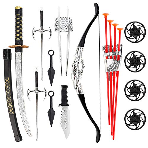 Liberty Imports Ninja Warrior Bow and Arrow Archery Set with Katana Sword, Sai, Melee Toy Weapons for Kids Pretend Role Play Equipment, Cosplay, Costume Accessories