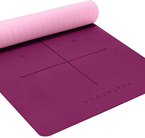 Heathyoga Eco Friendly Non Slip Yoga Mat, Body Alignment System, SGS Certified TPE Material - Textured Non Slip Surface and Optimal Cushioning,72'x 26' Thickness 1/4'