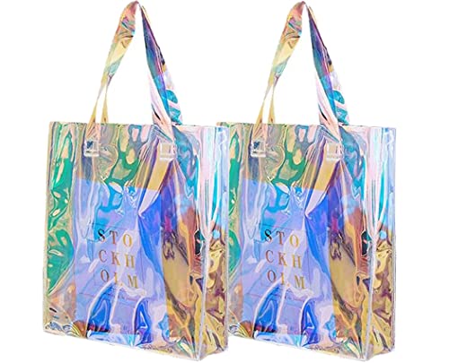 umbresen Clear Tote Bag, 2-Pack Holographic Rainbow Iridescent Handbag for Sports Fan Games, Work, Security Travel, Stadium Venues or Concert