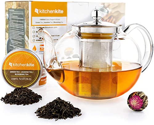 Kitchen Kite Glass Teapot with Infuser - Glass Tea Kettle for Stove Top with Removable Stainless Steel Strainer, Microwave & Dishwasher Safe, Tea Pot with Blooming, Loose Leaf Tea Sampler, Tea Maker
