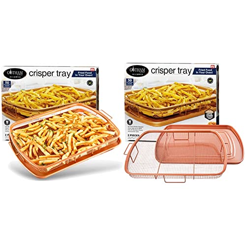 Gotham Steel Crisper Tray for Oven, 2 Piece, 13.4” x 11.4” & Crisper Tray for Oven, 2 Piece Nonstick Copper Crisper Tray & Basket, Air Fry in your Oven, Size 16.5” x 12.5”