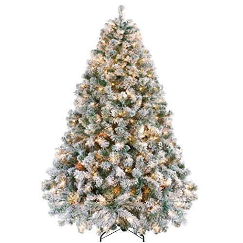 Yaheetech 6ft Pre-lit Artificial Christmas Tree with Incandescent Warm White Lights, Snow Flocked Full Prelighted Xmas Tree with 820 Branch Tips, 250 Incandescent Lights & Foldable Stand, White