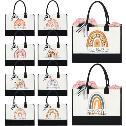 Sweetude 10 Pack Teacher Appreciation Gift Bulk Teachers Day Gifts Rainbow Canvas Tote Beach Bag for Women Holiday Christmas(Classic Style)