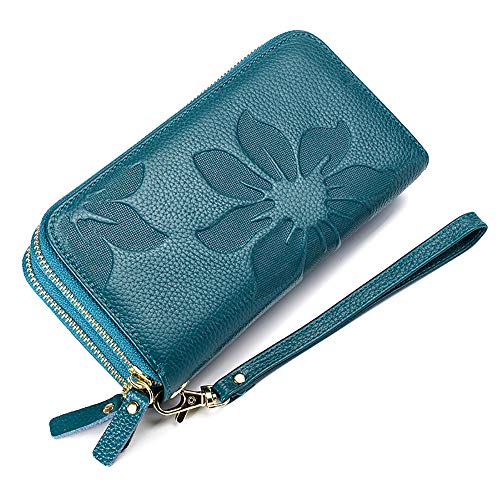 swp RFID Blocking Women’s Leather Wallet, Double Zipper Smartphone Pocket, Embossed Flower with Credit Card Holder, Cash Slots Large Capacity Clutch Wristlet (Teal Blue)