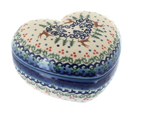 Blue Rose Polish Pottery Reindeer Delight Large Heart Box