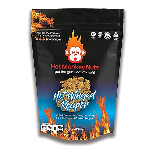 Hot Monkey Nuts Spicy Artisanal Peanuts | Hot Winged Reaper - Flavored with Buffalo Wing Seasoning, Blue Cheese, and Carolina Reaper Pepper, 7.5oz Resealable Pouch, Non-GMO, Gluten Free, Hot Spicy Peanuts, (Pack of 1)