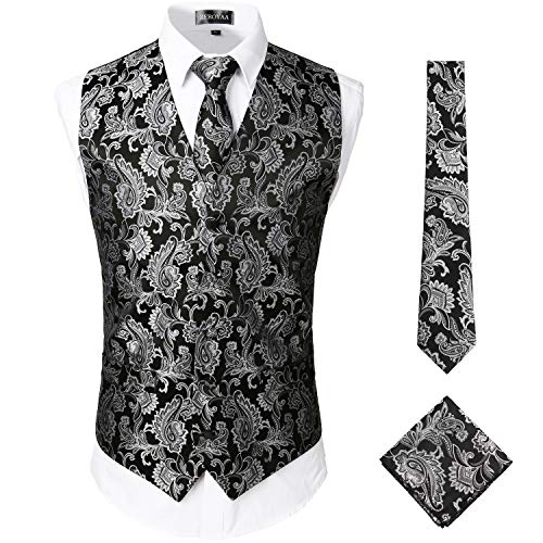 ZEROYAA Mens Classic 3pc Jacquard Paisley Vest Set Necktie Pocket Square Waistcoat for Suit or Tuxedo ZLSV08 Black Silver Large