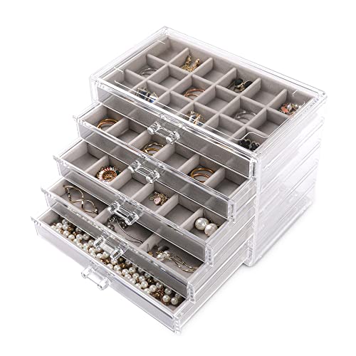 Frebeauty Acrylic Jewelry Organizer,Earring Organizer Box with 5 Drawers Clear Jewelry Box with Velvet Trays for Women,Stackable Earring Display Holder for Rings Studs and Bracelets(Grey)