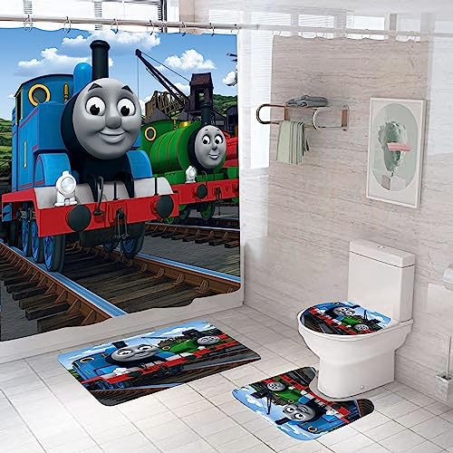 The Train Bathroom 4 Pieces Set Shower Curtain, Toilet Lid Cover and Bath Mat, Non-Slip Rugs, Durable and Waterproof, for Bathroom Decor Set, 72' x 72'