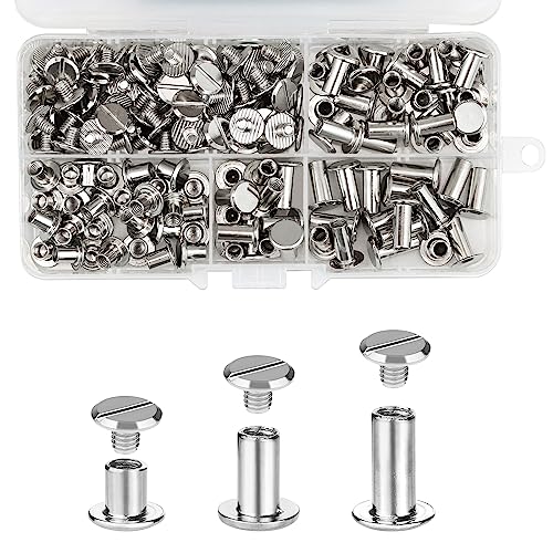 Seloky 75 Sets Silvery Chicago Screws Assorted Kit 1/4 3/8 1/2 Inches Screw Posts Metal Accessories Nail Rivet Chicago Button for DIY Leather Decoration Bookbinding Round Flat Head Stud Screw