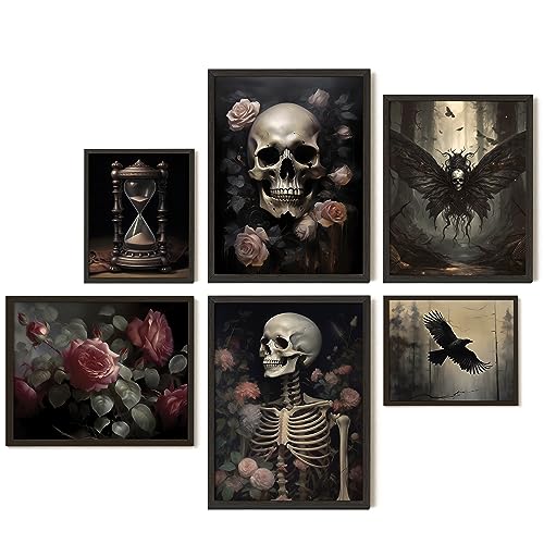 EXCOOL CLUB Gothic Home Decor - 12x16 Dark Academia Gothic Decor, Vintage Goth Wall Decor, Gothic Wall Art Skull Poster, Spooky Gallery Prints Moody Floral Aesthetic Pictures for Bedroom (UNFRAMED)
