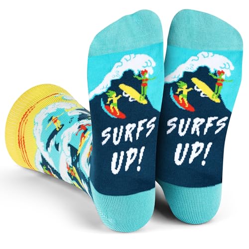 Lavley Funny Novelty Socks for Men and Teen Boys - Gifts for Dad, Husbands, Brothers, Sons for Christmas (US, Alpha, One Size, Regular, Regular, Surfs Up)