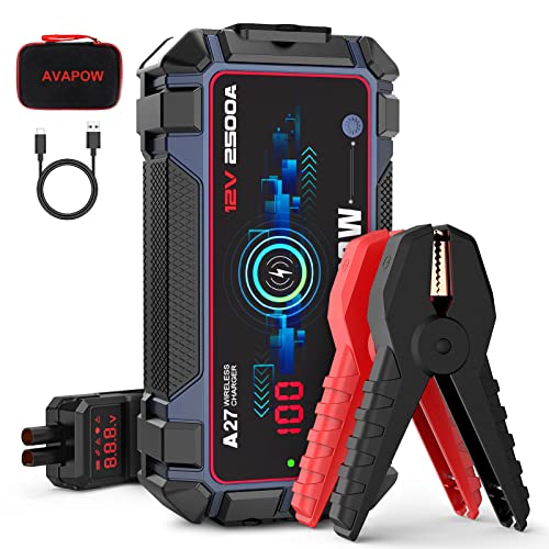 AVAPOW Jump Starter Car Battery 2500A Peak,Portable Jump Starters for Up to 8L Gas 8L Diesel Engine with Booster Function,Wireless Charging Design,12V Lithium Jump Pack with Smart Safety Clamp, IP65