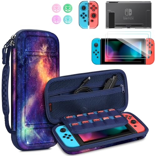 Fintie Switch Accessories Bundle, 10 in 1 Switch (NOT OLED/Lite) Accessories Kit with Nintendo Switch Carrying Case, Clear Cover, Screen Protector and Switch Joy-Con Thumb Grip (Galaxy)