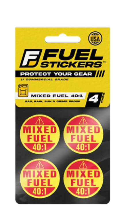 Mixed Fuel 40:1 Sticker, Gas Oil Mix Labels for Outdoor Fuel Power Equipment (2 Cycle) - Weather Proof, Extreme Stick, Commercial Grade Labels by Fuel Stickers - USA Made (1' Round), 4 Labels
