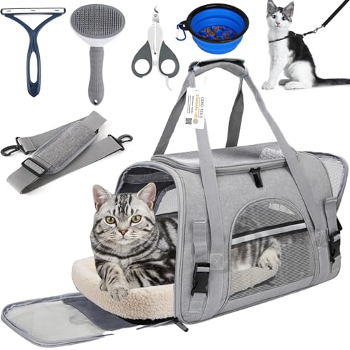 Pet Carrier,7PCS Cat Carrier Bag Airline Approved Large Cat Carrier Up to 20LBs Small,Medium Cats&Dog,Soft Travel Carrier Pet Bag for Cats with Harness,Nail Clipper,Hair Removal Brush,Foldable Bowl