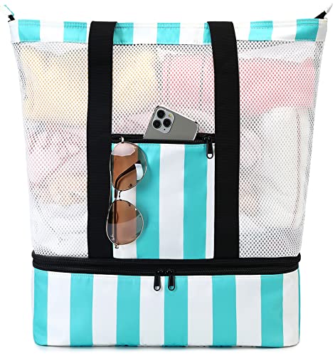 Bluboon Mesh Beach Tote Bag with Cooler Compartment Insulated Detachable Picnic Bag with Zipper and Pocket Pool Bag for Women (Turquoise)