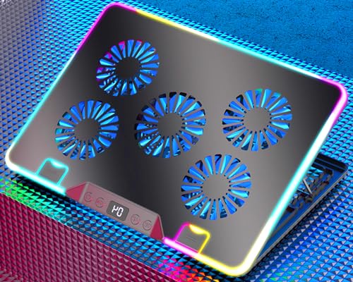 Gaming RGB Laptop Cooling Fan pad Cooler 15.6 14 13 12 10Inch(Party RGB-Lights,Big 5Fans Speed Adjustable,Front LCD-Display and Switch Buttons, Adjusted Long Stand)