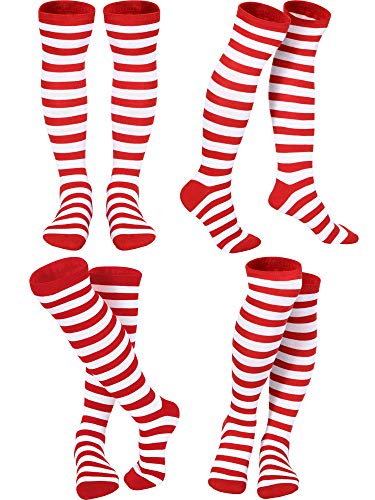 SATINIOR 4 Pair Red and White Striped Socks Classic Rainbow Knee High Clown Knee Socks for Women Girls (Red and White)
