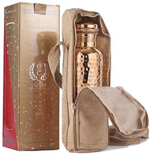 Copper Cure Pure Copper Water Bottle with an Exclusive Bottle Jute Bag- Solid Copper Handcrafted Hammered Bottle, Capacity 34 Oz/1000 ml Copper Bottle for Home, Office, Hotel and Gifting