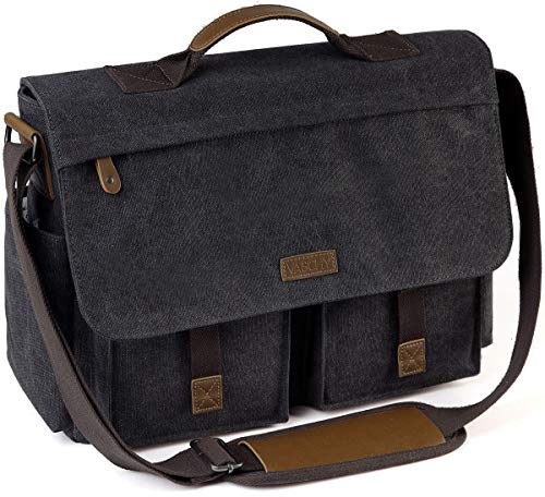 VASCHY Messenger Bag for Men, Vintage Water Resistant Waxed Canvas Satchel 15.6 inch Laptop Briefcase Shoulder Bag with Padded Shoulder Strap Gray