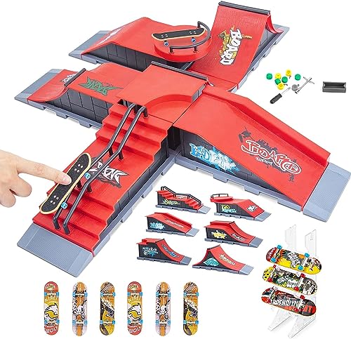 HMEEN Finger Skateboards Ramp Set, 6 in 1 Fingerboard Skatepark Deck with 6 Ramps, Fingerboard Half Pipe Ramp for Kids Adults Fingerboard Training Props Interactive Freestyle Skate Game, Red