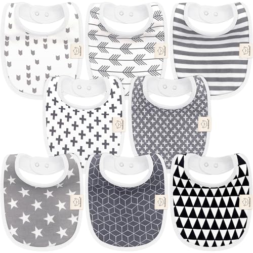 8-Pack Organic Baby Bibs for Girls & Boys - Teething Baby Bib, Baby Boy Bibs, Baby Girl Bibs, Newborn Bibs, Baby Drool Bibs for Infant, Toddler, Bibs for Baby Boy, Bibs for Baby Girl (Grayscale)