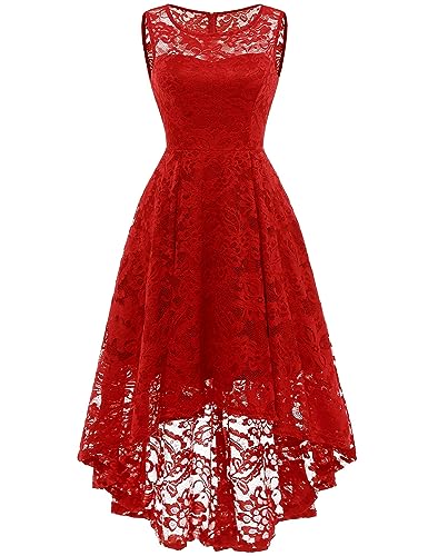 MUADRESS Women's Elegant Floral Lace Dress Sleeveless Crew Neck Hi-Lo Cocktail Dress for Evening Party Red 3XL
