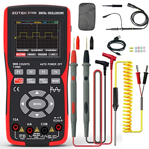 ZOTEK ZT-702S 2 in 1 Handheld Digital Automotive Oscilloscope Multimeter, Single Channel 10MHZ Bandwidth,64Kbyte Record Length,48MSa/s High Sampling Rate，Amp Ohm Volt Meter Tester、Voltage/Current Test