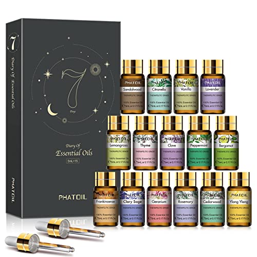 PHATOIL Premium Essential Oils Set, Pure Aromatherapy Oils Gift Set -15 Pack/5ml for Relaxation, Diffuser, Humidifier, Home, Office, Yoga