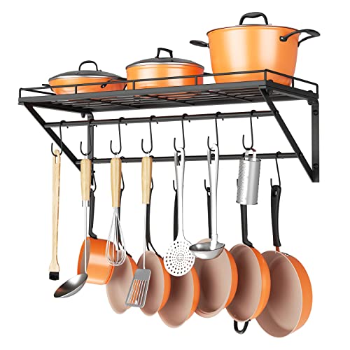 OROPY 31 Inch Wall Mounted Pot Rack Storage Shelf with 2 Tier Hanging Rails 14 S Hooks included, Ideal for Pans, Utensils, Cookware - Black