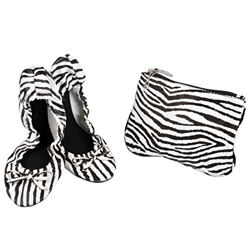 Sidekicks Zebra Print Womens Foldable Ballet Flats with Carrying Case Black/White
