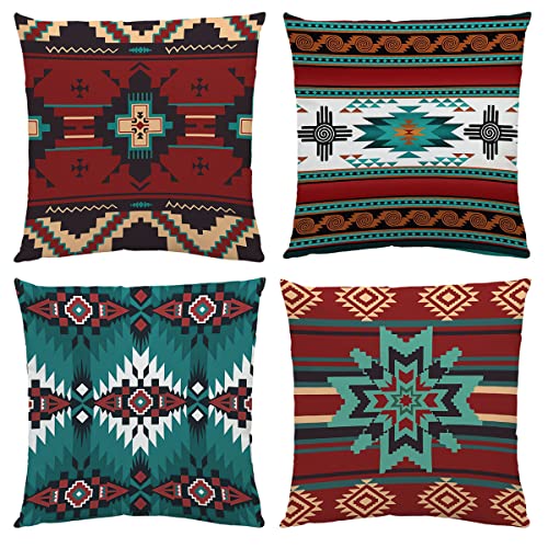 Western Native American Throw Pillow Covers Set of 4 18X18 Inch Rustic Southwestern Tribal Ethnic Design Pillow Covers Comfortable Boho Velvet Covers for Bedroom Bed Outdoor Couch Sofa (Native)