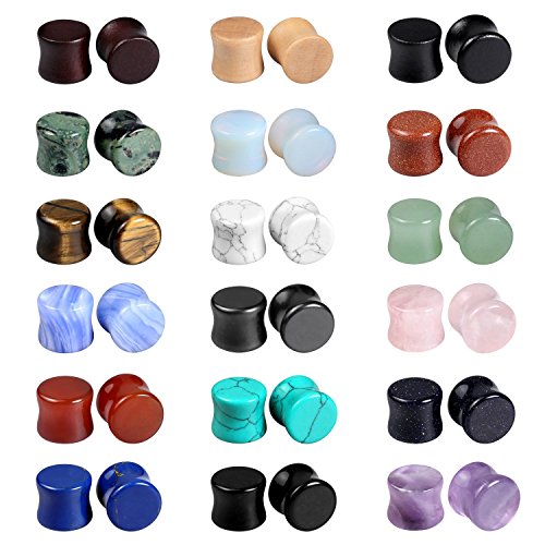 Evevil Mixed Stone Wood Double Flared Plugs Saddle Plug Ear Tunnels Expander Gauges Plugs Stretcher (18 Pairs,00g,10mm)