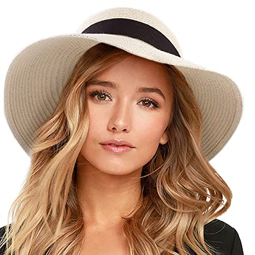 FURTALK Womens Beach Sun Straw Hat UV UPF50 Travel Foldable Brim Summer UV Hat Pure Beige