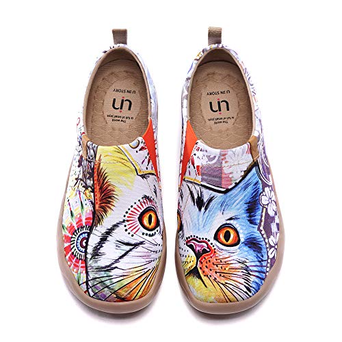 UIN Women's Lightweight Sneakers Comfortable Canvas Slip On Flat Art Painted Cat Travel Shoes Cheer Up (40)
