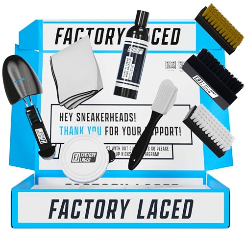 FACTORY LACED Shoe Cleaning Kit - Complete Sneaker Cleaner Kit with 8oz Solution, 4 Brushes, 2 Shoe Trees, Microfiber Towel & Bowl - The Ultimate Shoe Cleaner Kit for Jordans and Nike Shoes